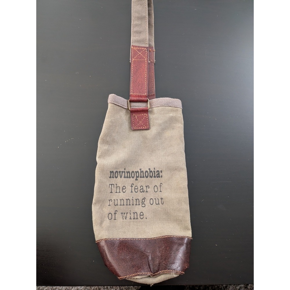 Mona B Wine Bottle Bag Canvas Cotton Leather Trim "Novinophobia" Sling Pouch